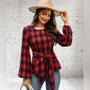 CupShe Buffalo Plaid Peasant Top Large NWT | Red Black Sash Belt Boho Style